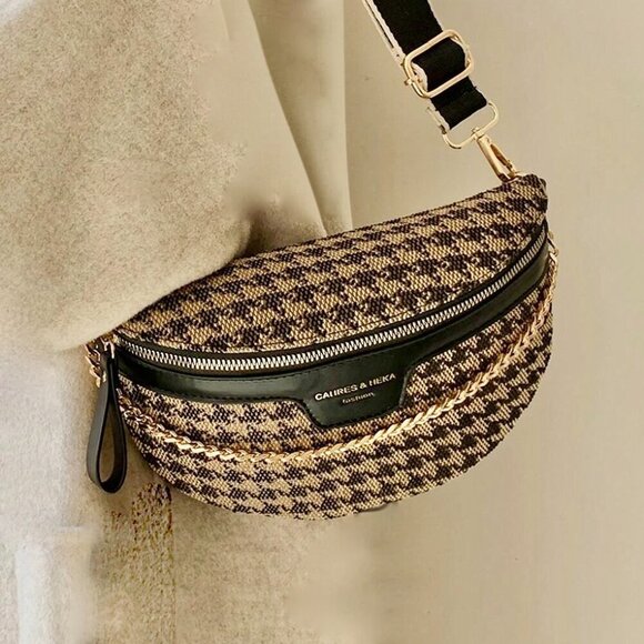 Cahres & Heka  Designer Crossbody Houndstooth Print Canvas Bag - Picture 7 of 14